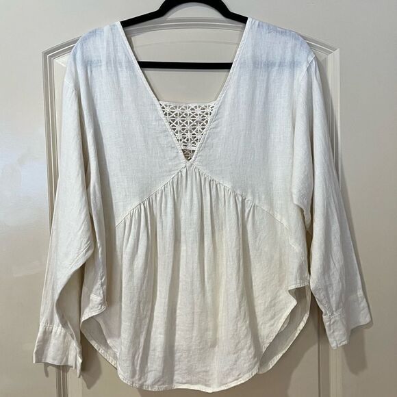 FREE PEOPLE Just Cruisin Linen Blend Top Pockets Crochet Deep V Ivory Women’s XS - Picture 5 of 8